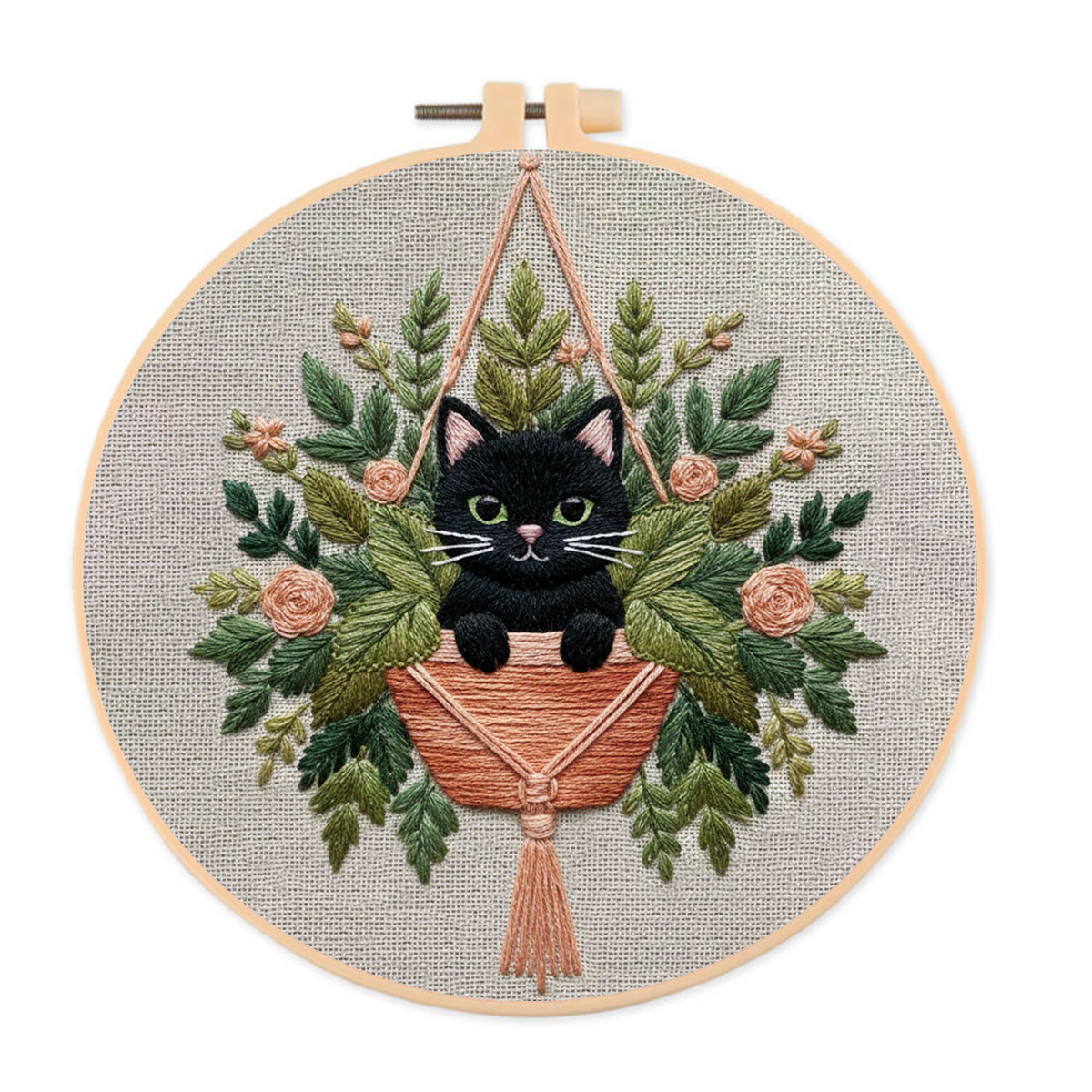 Rubbyoo Embroidery Kit - Black Cat In Hanging Planter | Therapeutic Craft | Whimsical Gift Idea - 20*20cm - image 1