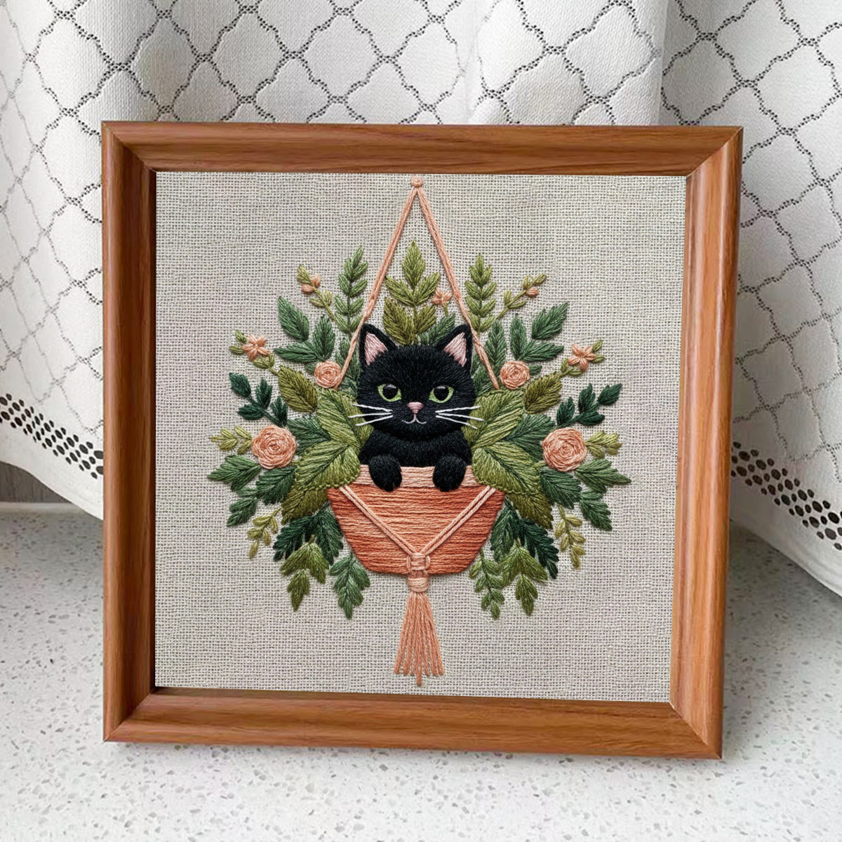 Rubbyoo Embroidery Kit - Black Cat In Hanging Planter | Therapeutic Craft | Whimsical Gift Idea - Embroidery Kit Plus An Extra Frame - image 4