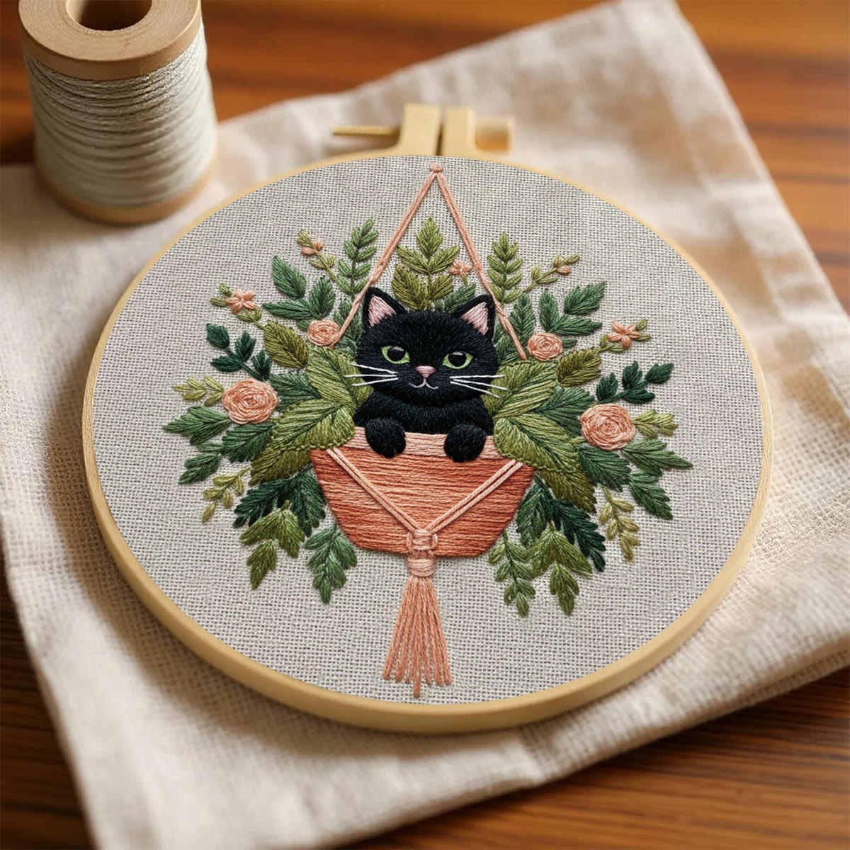 Rubbyoo Embroidery Kit - Black Cat In Hanging Planter | Therapeutic Craft | Whimsical Gift Idea - image 3