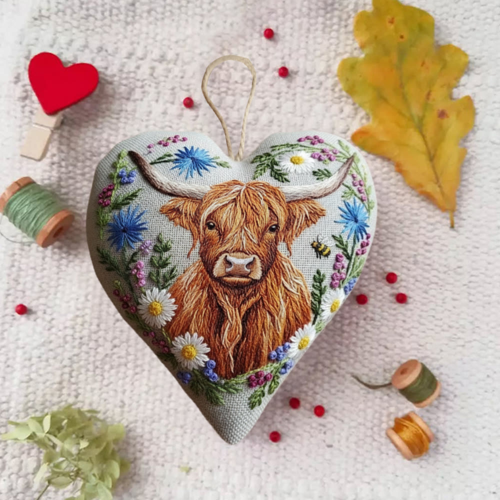 Rubbyoo Heart Embroidery Kit - Highland Cow And Wildflower | Whimsical Craft | Rustic Gift Pick - image 3