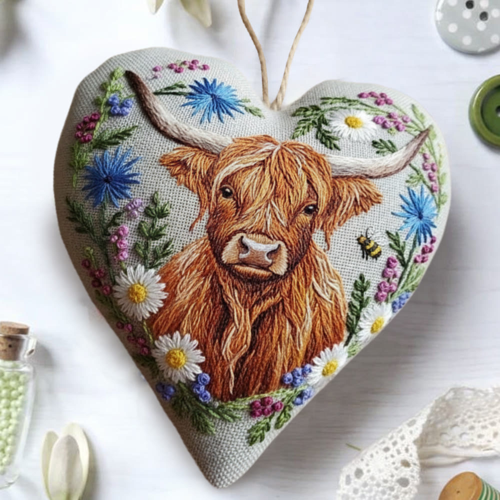 Rubbyoo Heart Embroidery Kit - Highland Cow And Wildflower | Whimsical Craft | Rustic Gift Pick - image 1