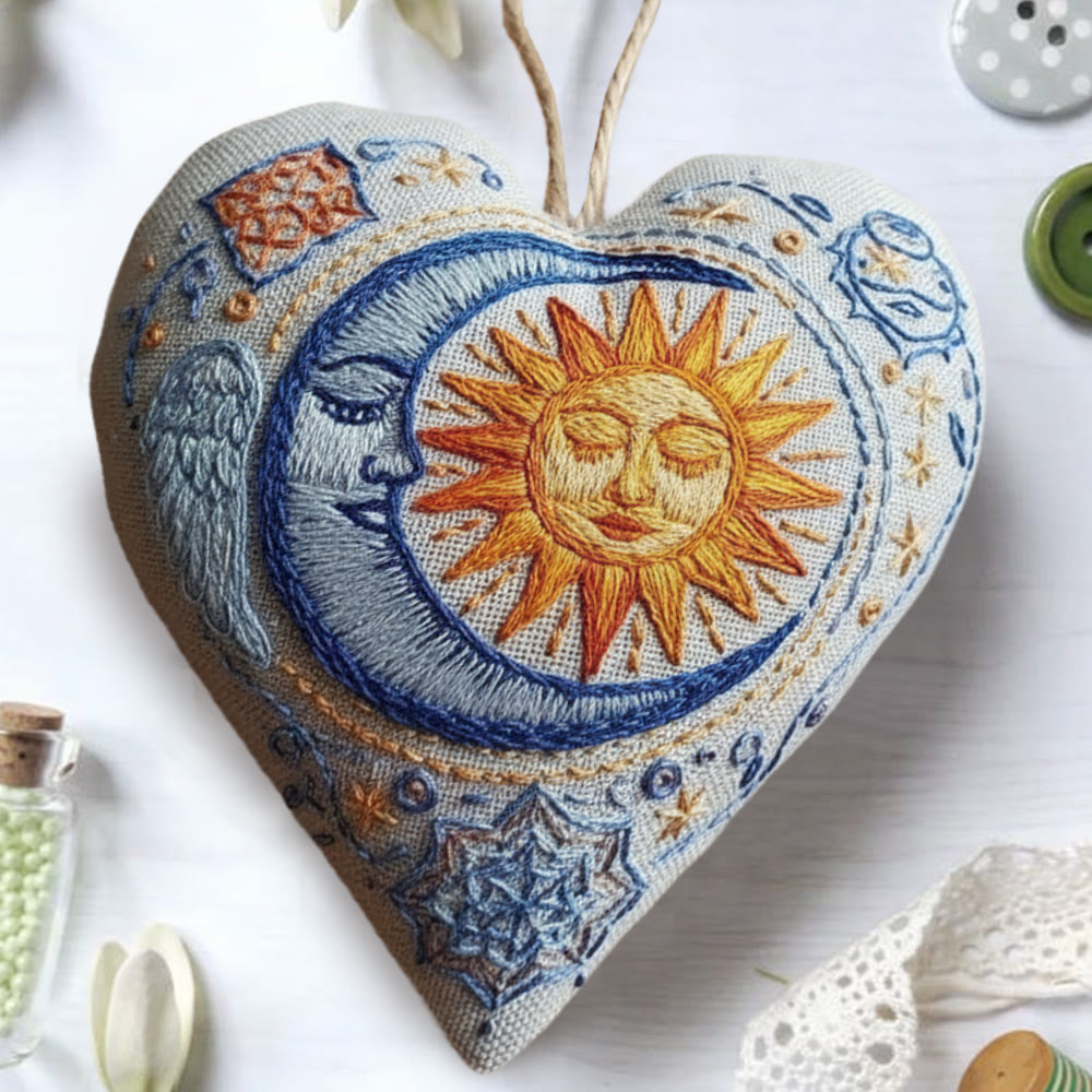 Rubbyoo Heart Embroidery Kit - Sun And Moon Celestial | Celestial Diy | Magical Home Touch - 6 inches hoop kit - image 1
