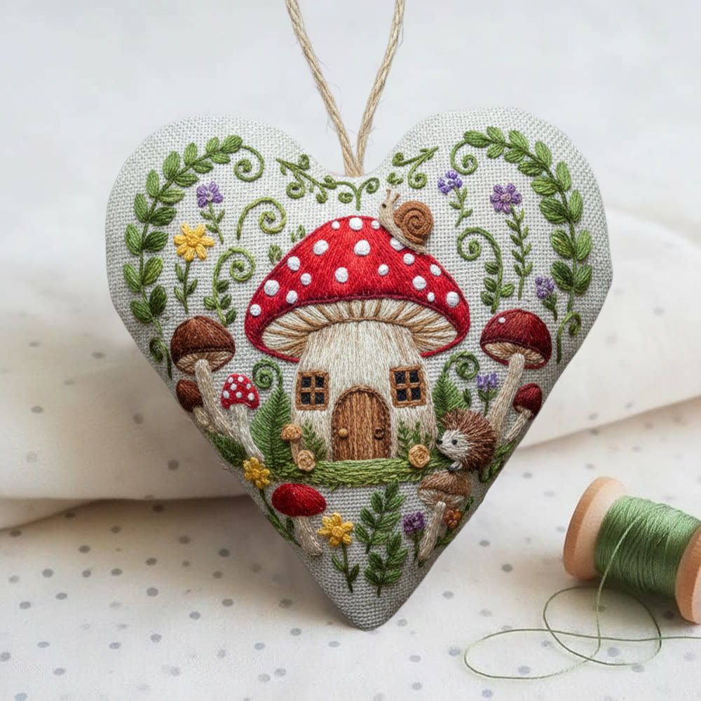 Rubbyoo Heart Embroidery Kit - Mushroom Cottage And Hedgehog | Enchanting Diy | Whimsical Gift Idea - image 3
