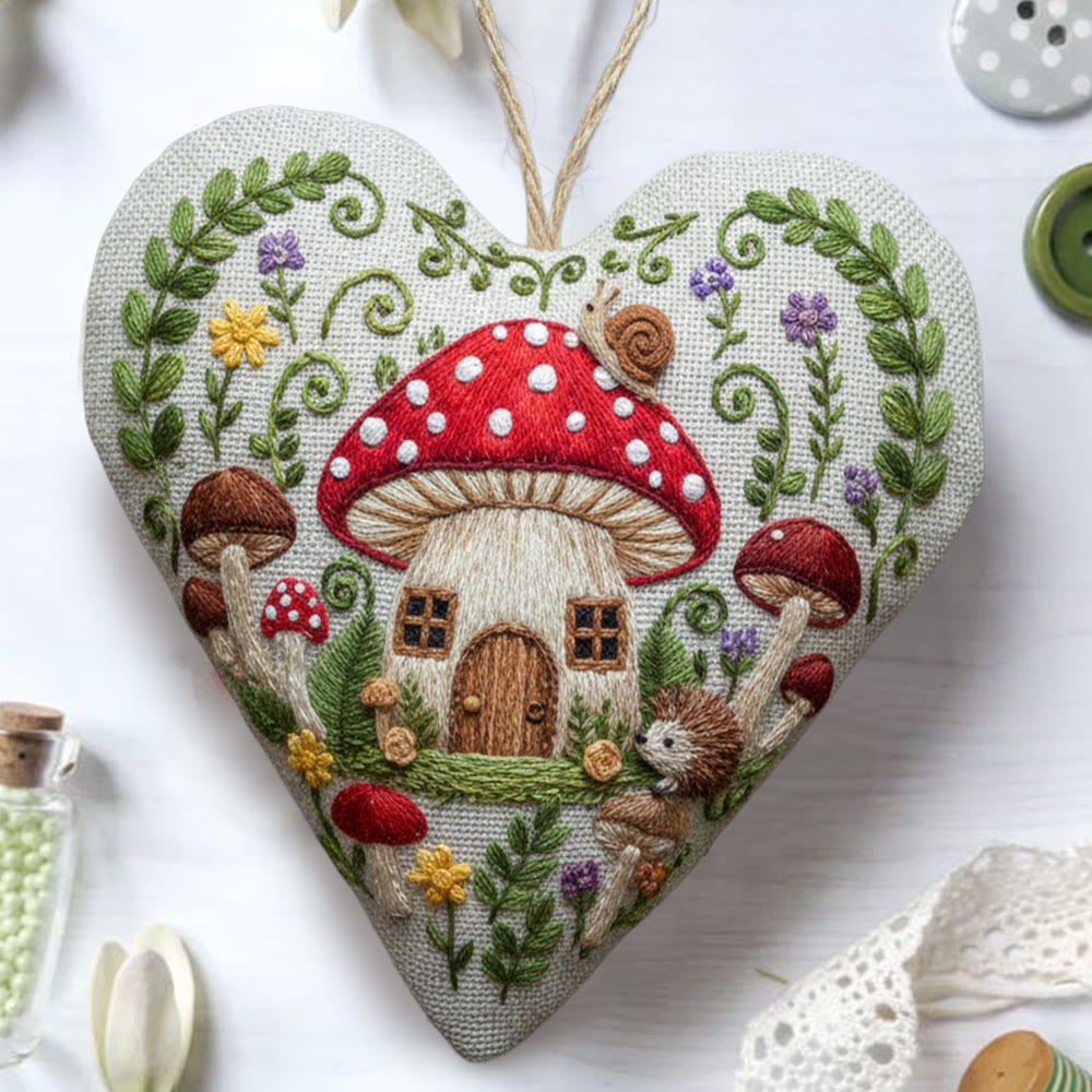 Rubbyoo Heart Embroidery Kit - Mushroom Cottage And Hedgehog | Enchanting Diy | Whimsical Gift Idea - image 1
