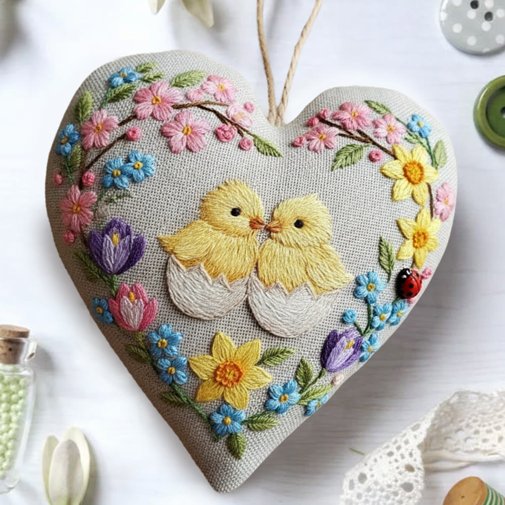 Rubbyoo Heart Embroidery Kit - Hatching Chicks And Spring Floral | Cheerful Craft | Heartwarming Festival Present - 6 inches hoop kit - image 1