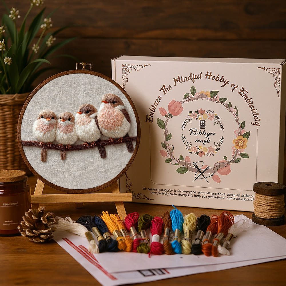 Rubbyoo Embroidery Kit - Four Little Birds | Gentle Thread Painting | Beginner-Friendly DIY - image 2