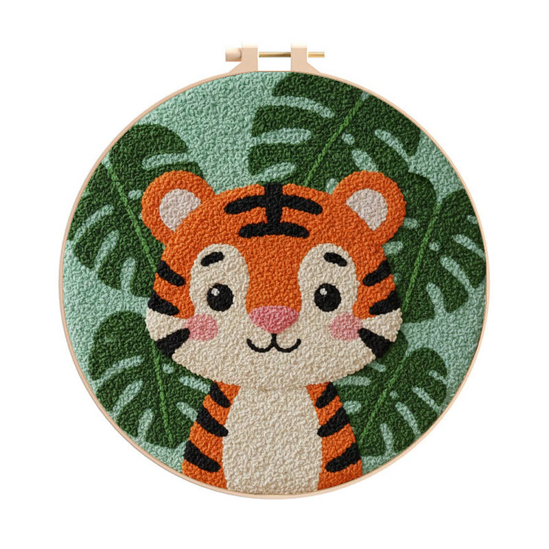 Tropical Tiger Cub Punch Needle Kit - Beginner Friendly Craft | Playful Home Accent - 8 inch Hoop Kit - image 1