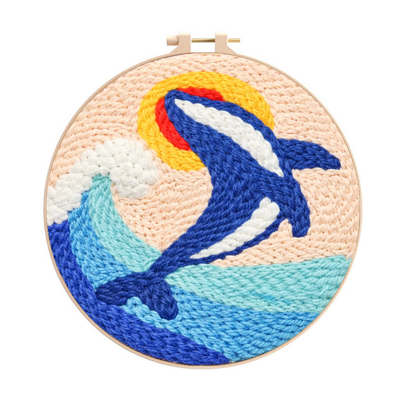 Leaping Orca Wave Punch Needle Kit - Easy Diy Project | Vibrant Home Statement - 8 inch Hoop Kit - image 1