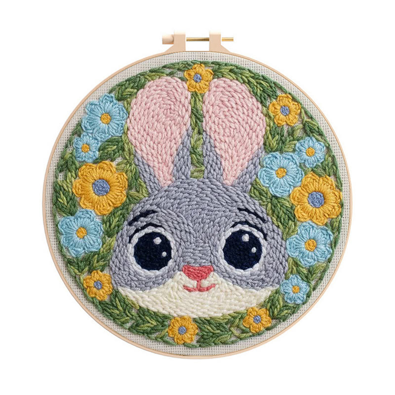 Floral Wreath Bunny Punch Needle Kit - Delightful Diy | Heartwarming Gift Pick - 8 inch Hoop Kit - image 1