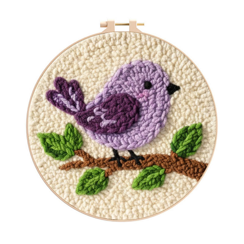 Perched Purple Bird Punch Needle Kit - Relaxing Craft | Delicate Home Addition - 8 inch Hoop Kit - image 1