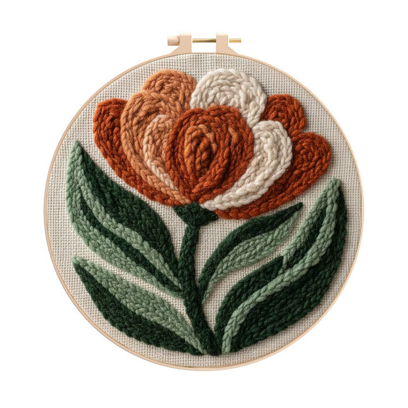 Terracotta Peony Bloom Punch Needle Kit - Accessible Craft | Elegant Home Statement - 8 inch Hoop Kit - image 1