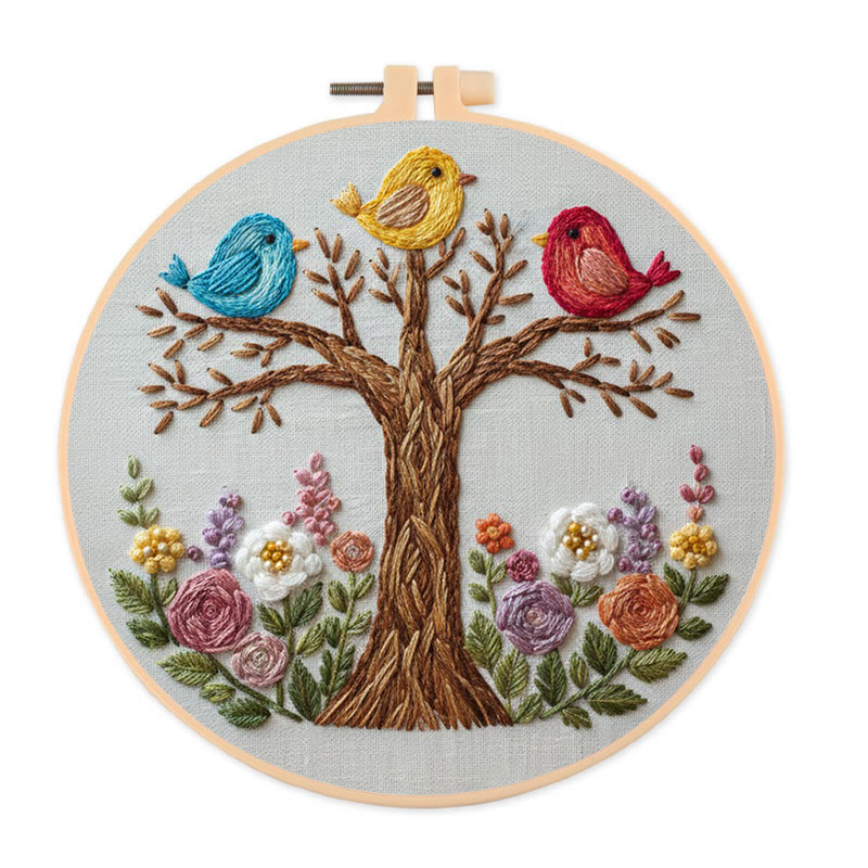 Rubbyoo Embroidery Kit - Three Birds On Floral Tree | Playful Craft | Vibrant Home Addition - 20*20cm - image 1