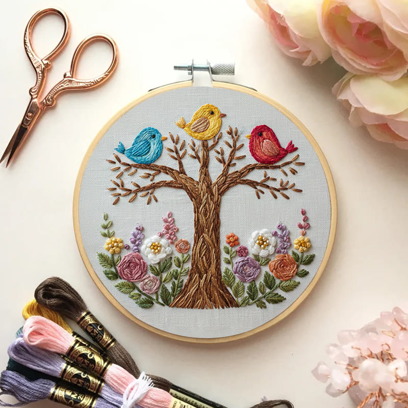 Rubbyoo Embroidery Kit - Three Birds On Floral Tree | Playful Craft | Vibrant Home Addition - image 3