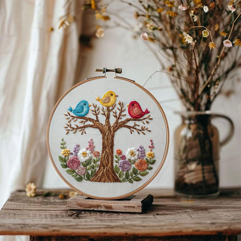 Rubbyoo Embroidery Kit - Three Birds On Floral Tree | Playful Craft | Vibrant Home Addition - image 2