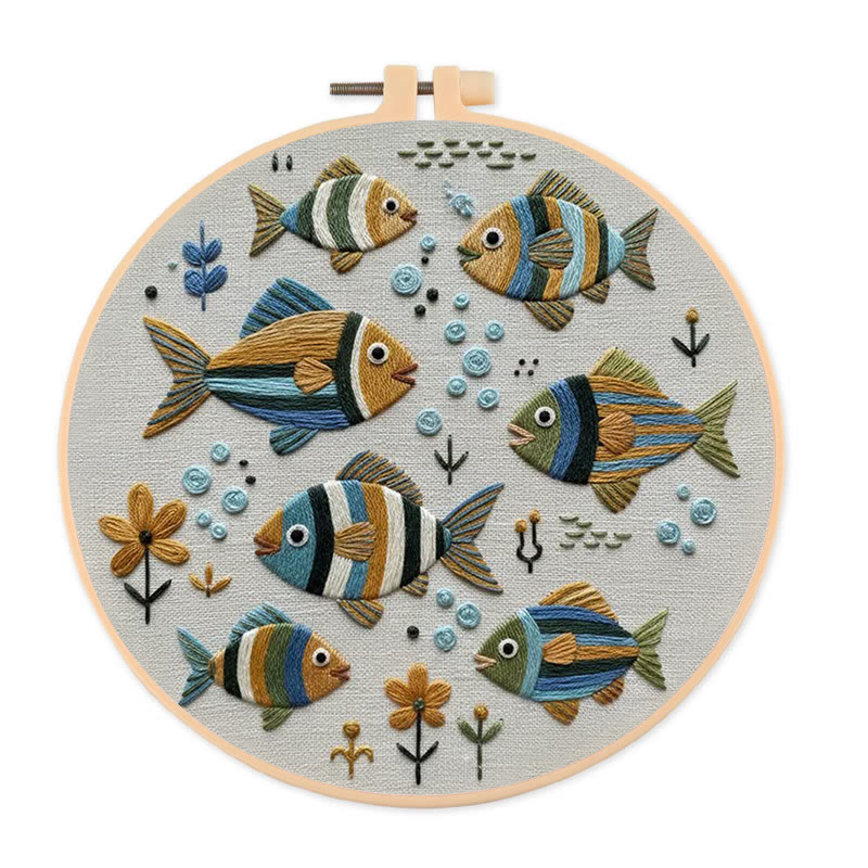 Rubbyoo Embroidery Kit - Tropical School Of Fish | Novice-friendly Diy | Lively Home Vibe - 20*20cm - image 1