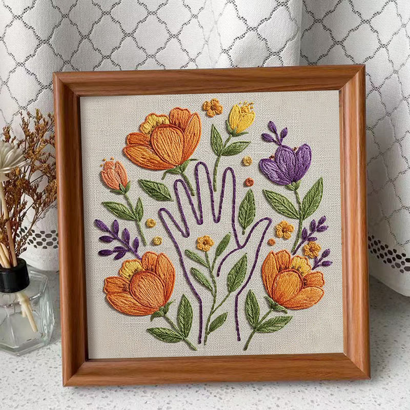Rubbyoo Embroidery Kit - Floral And Hand Silhouette | Beginner-friendly Craft | Warm Home Accent - Embroidery Kit Plus An Extra Frame - image 4