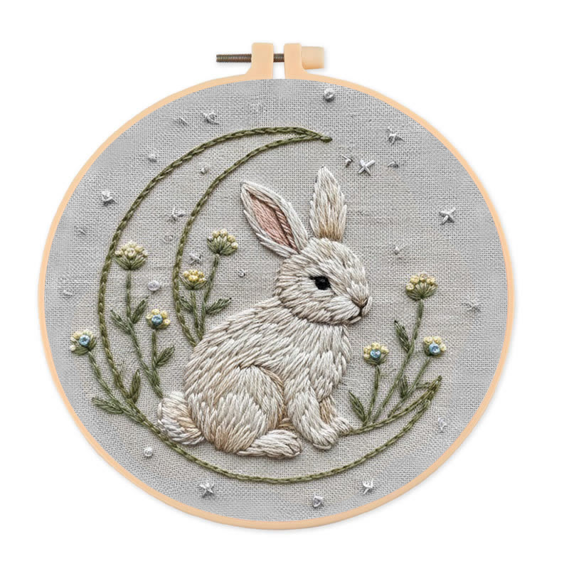 Rubbyoo Embroidery Kit - Moonlit Bunny And Wildflower | Entry-level Craft | Serene Home Vibe - 20*20cm - image 1
