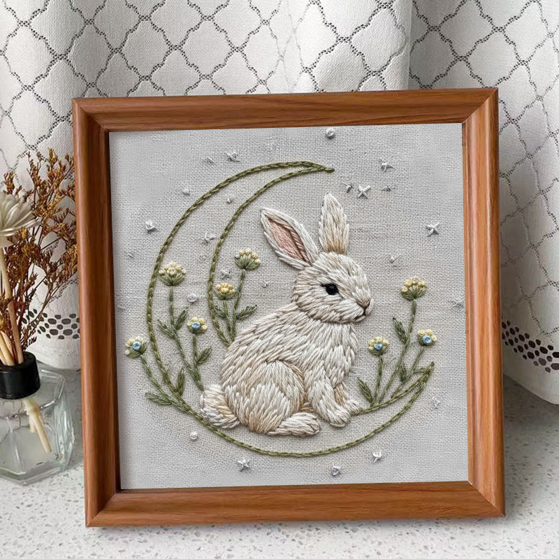 Rubbyoo Embroidery Kit - Moonlit Bunny And Wildflower | Entry-level Craft | Serene Home Vibe - Embroidery Kit Plus An Extra Frame - image 4