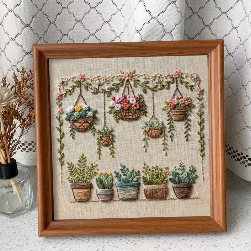 Rubbyoo Embroidery Kit - Hanging Planter And Succulent | Accessible Craft | Natural Home Charm - Embroidery Kit Plus An Extra Frame - image 4