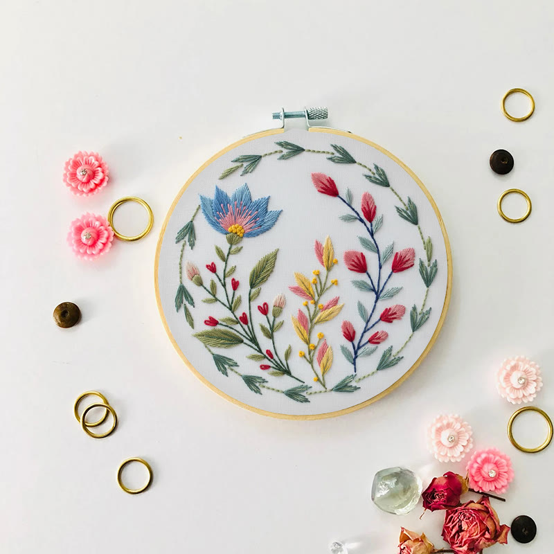 Rubbyoo Embroidery Kit - Wildflower Wreath With Blue Bloom | Novice-friendly Craft | Whimsical Accent - image 2