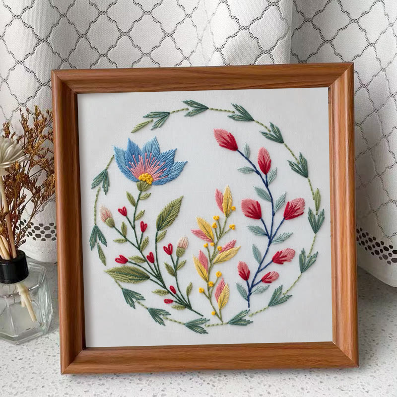 Rubbyoo Embroidery Kit - Wildflower Wreath With Blue Bloom | Novice-friendly Craft | Whimsical Accent - Embroidery Kit Plus An Extra Frame - image 4