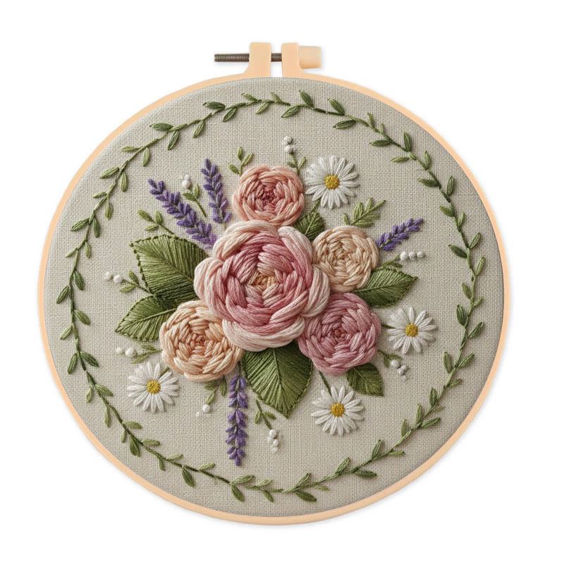 Rubbyoo Embroidery Kit - Peony Lavender Wreath | Elegant DIY | Timeless Present - 20*20cm - image 1
