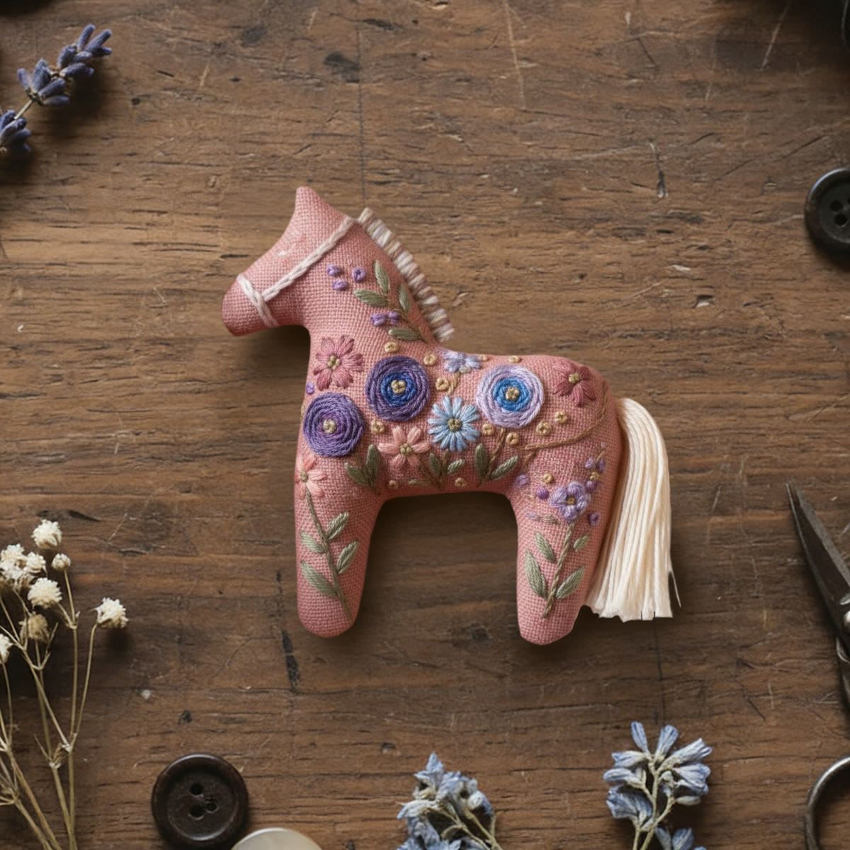 Rubbyoo Dala Horse Embroidery Kit - Purple Floral | Unique Floral Art | Charming Craft For Mom - 6 inches hoop kit - image 1