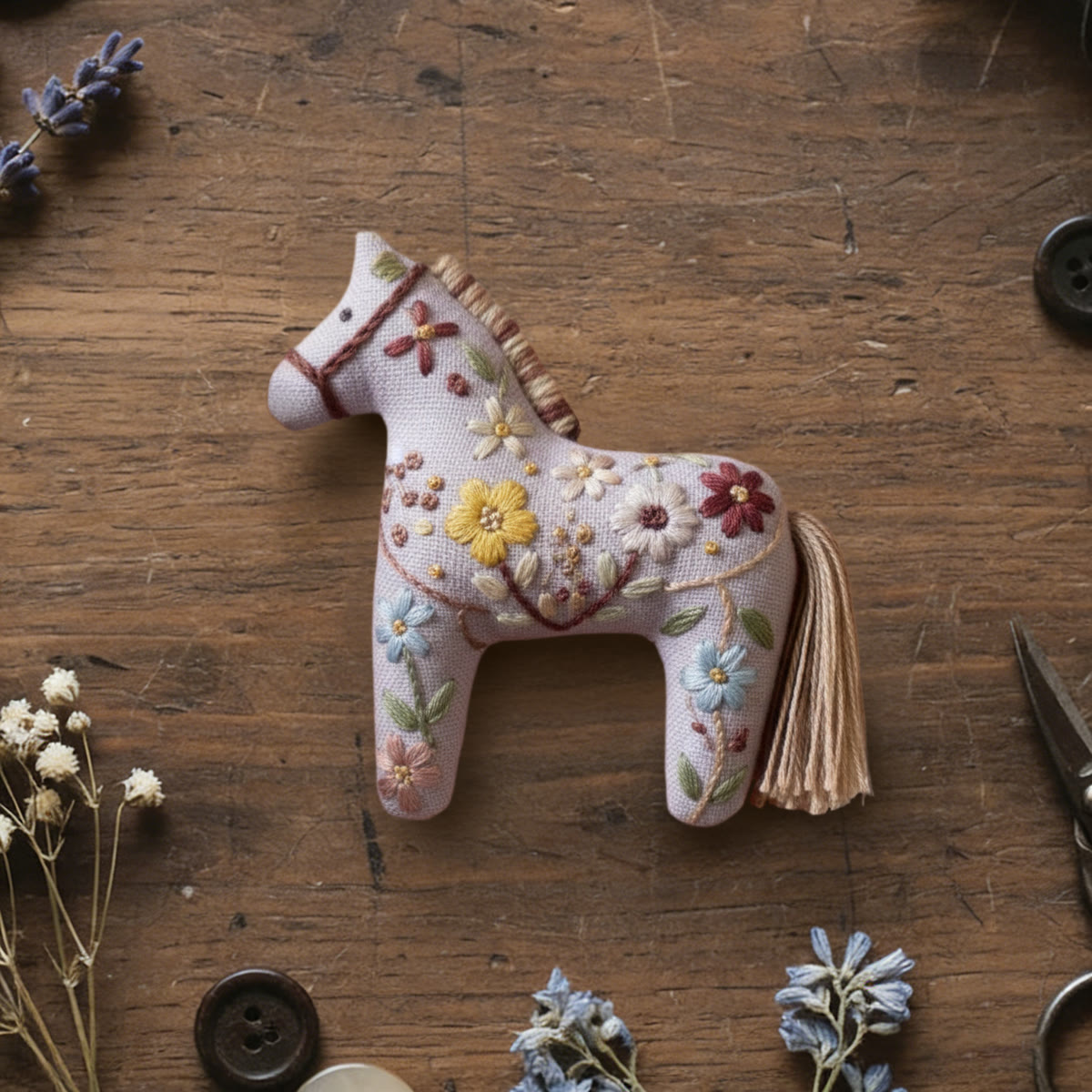 Rubbyoo Dala Horse Embroidery Kit - Springtime Flowers | Sewing Handmade Gift | Lovely Ornaments - 6 inches hoop kit - image 1