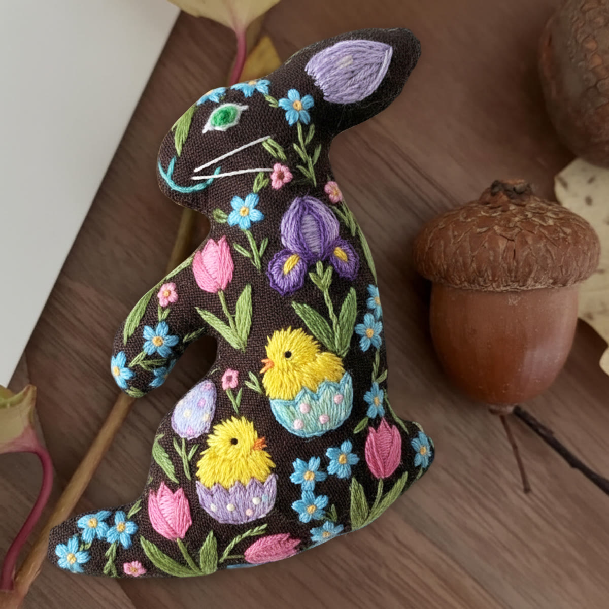 Rubbyoo Rabbit Embroidery Kit - Chick And Flower | Easter Bunny Ornament | Diy Stitch Artwork - 6 inches hoop kit - image 1