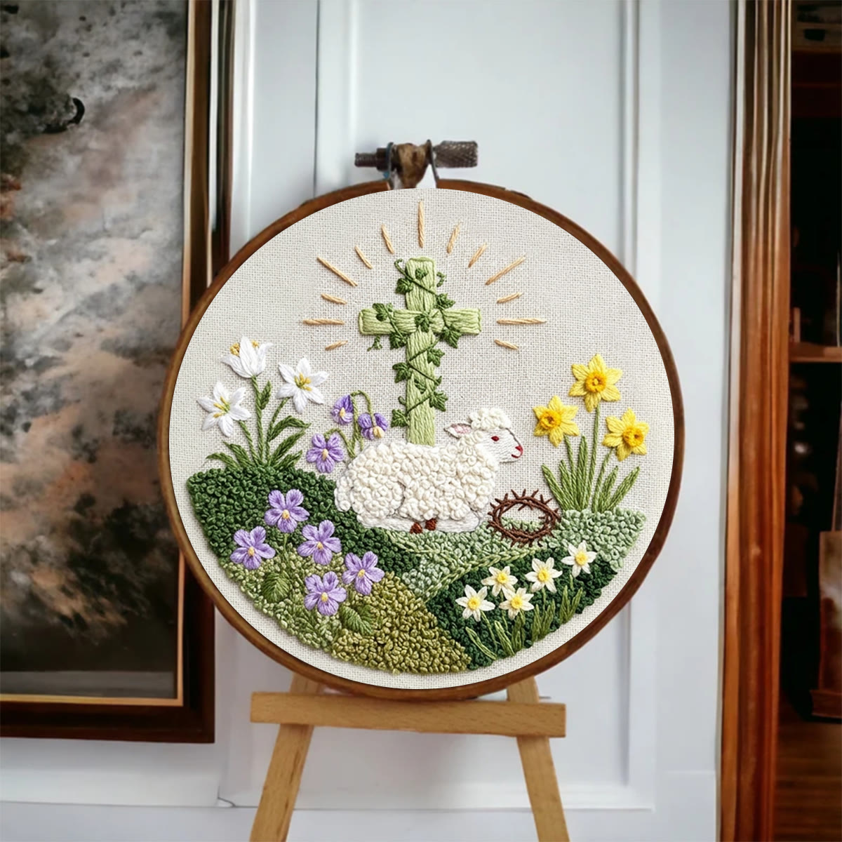 Rubbyoo Embroidery Kit - Floral Lamb With Cross | Diy Hoop Art | Religious Handmade Craft - image 2