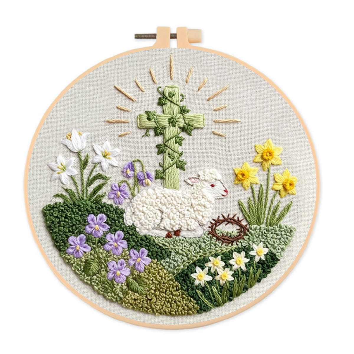 Rubbyoo Embroidery Kit - Floral Lamb With Cross | Diy Hoop Art | Religious Handmade Craft - 20*20cm - image 1