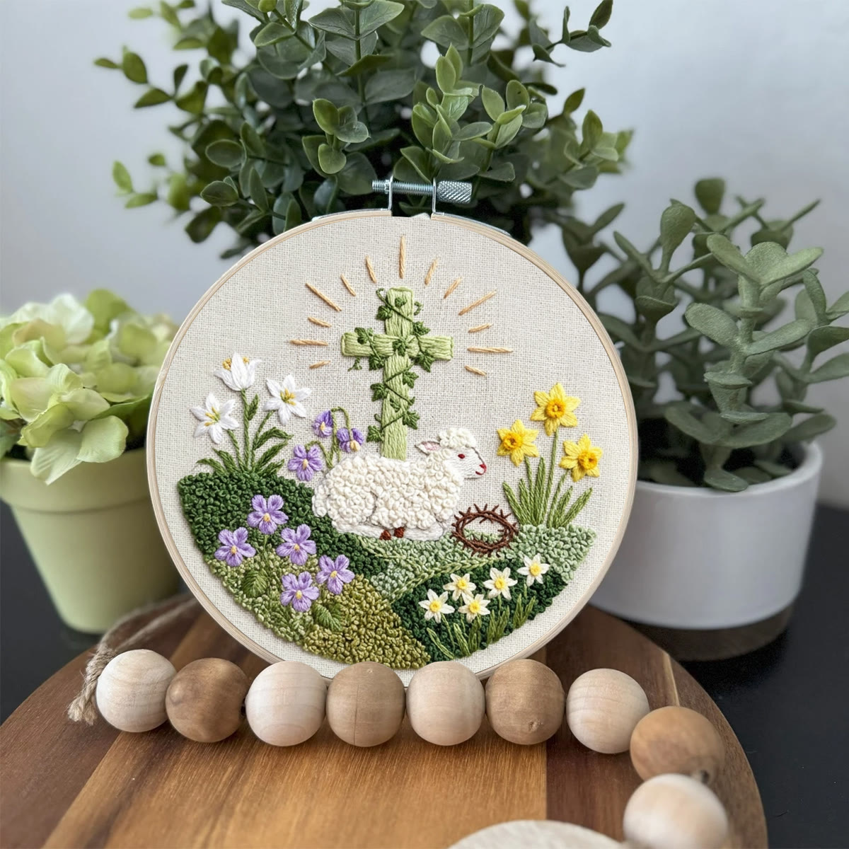 Rubbyoo Embroidery Kit - Floral Lamb With Cross | Diy Hoop Art | Religious Handmade Craft - image 4