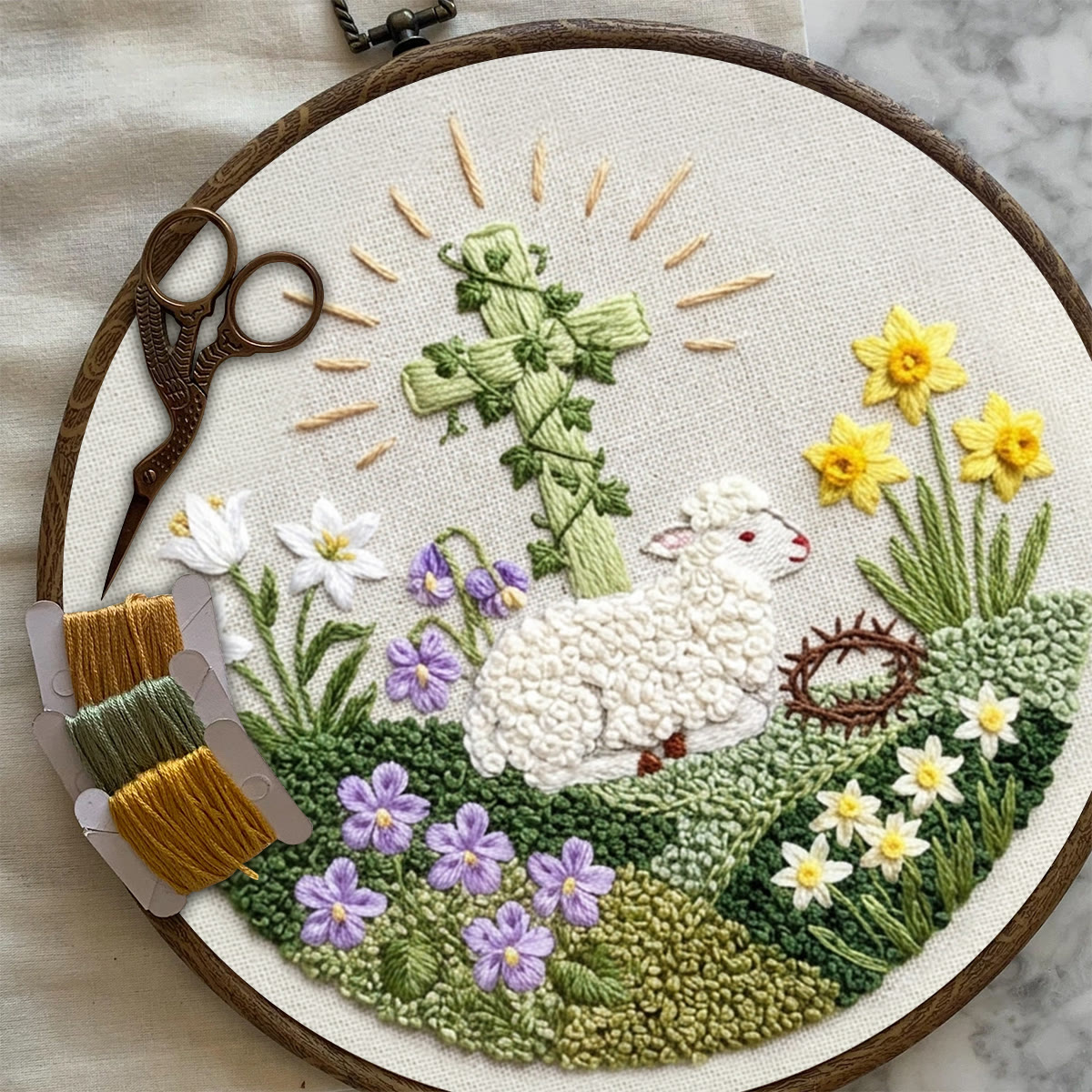 Rubbyoo Embroidery Kit - Floral Lamb With Cross | Diy Hoop Art | Religious Handmade Craft - image 3