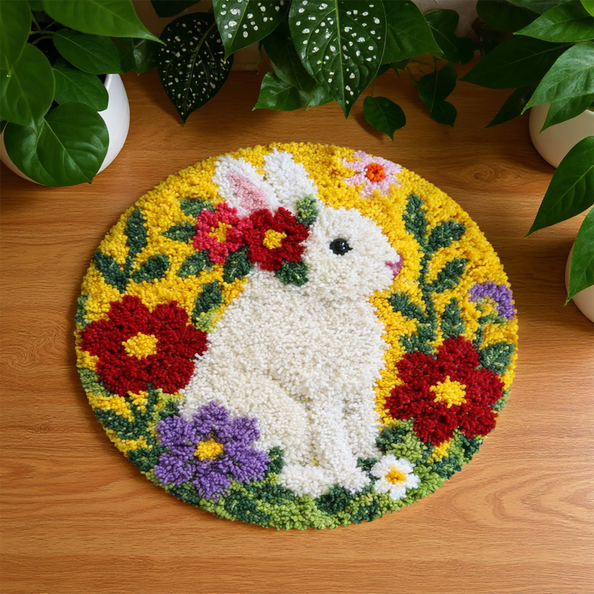 Rubbyoo Latch Hook Rug Kit - Floral Bunny | Adorable Animal Craft | Nice Handmade Easter Gift  - 48×48cm - image 1