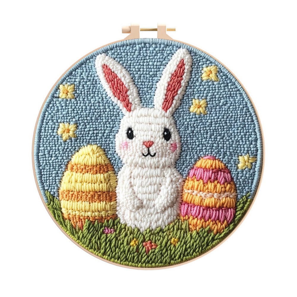 Starry Night Double Egg Bunny Punch Needle Kit - Cozy Diy | Whimsical Statement - 8 inch Hoop Kit - image 1