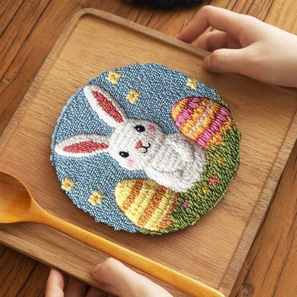 Starry Night Double Egg Bunny Punch Needle Kit - Cozy Diy | Whimsical Statement - 5 inch Coaster Kit - image 4
