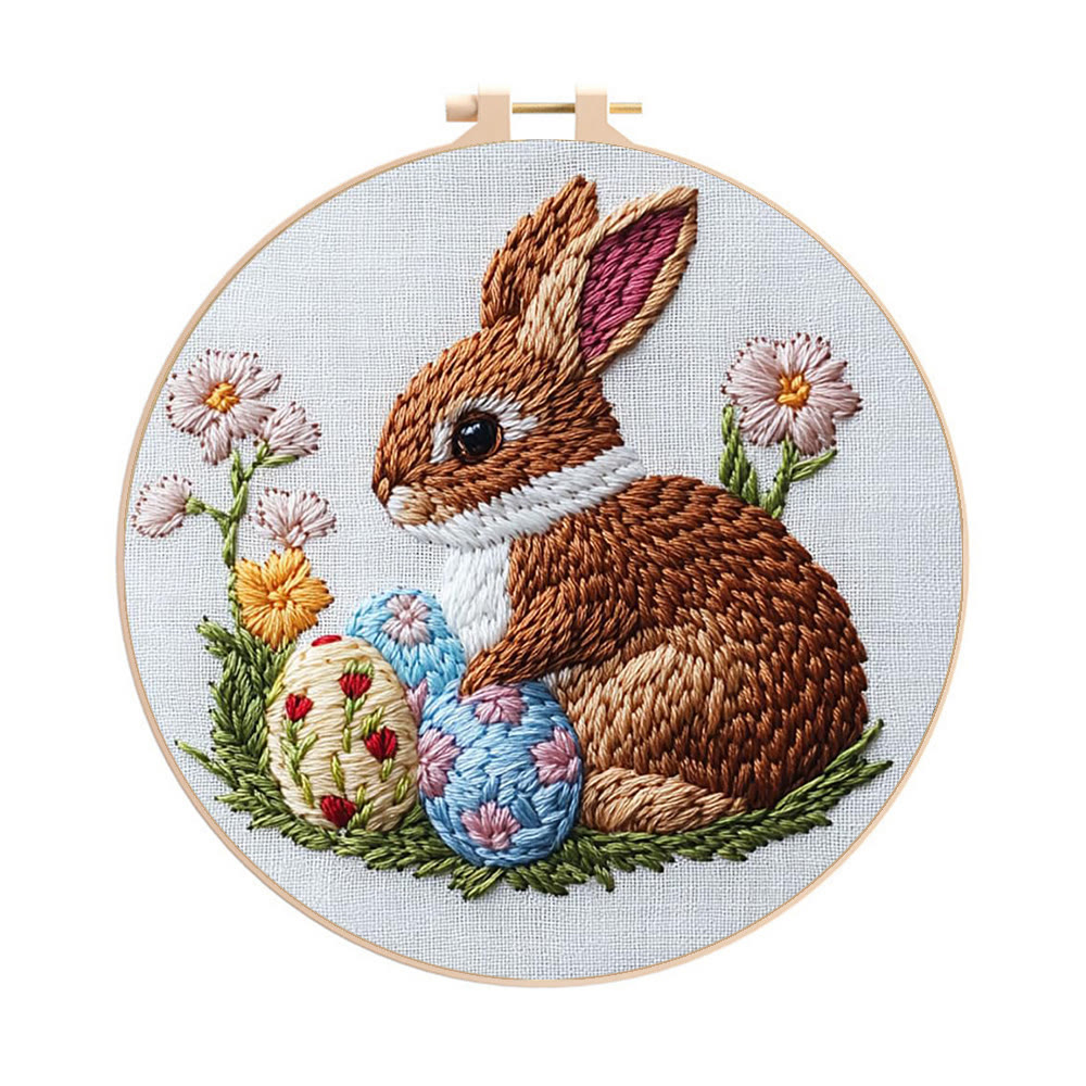Brown Bunny With Floral Eggs Punch Needle Kit - Elegant Craft | Timeless Present - 8 inch Hoop Kit - image 1