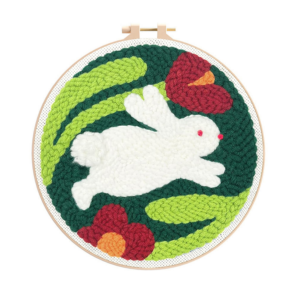 Leaping Bunny With Red Blooms Punch Needle Kit - Lively Diy | Playful Accent - 8 inch Hoop Kit - image 1