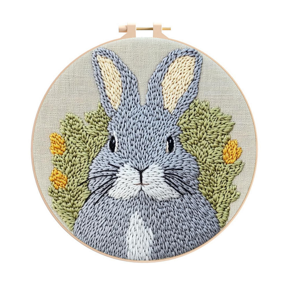 Grey Bunny Portrait Punch Needle Kit - Accessible Craft | Heartwarming Gift Idea - 8 inch Hoop Kit - image 1