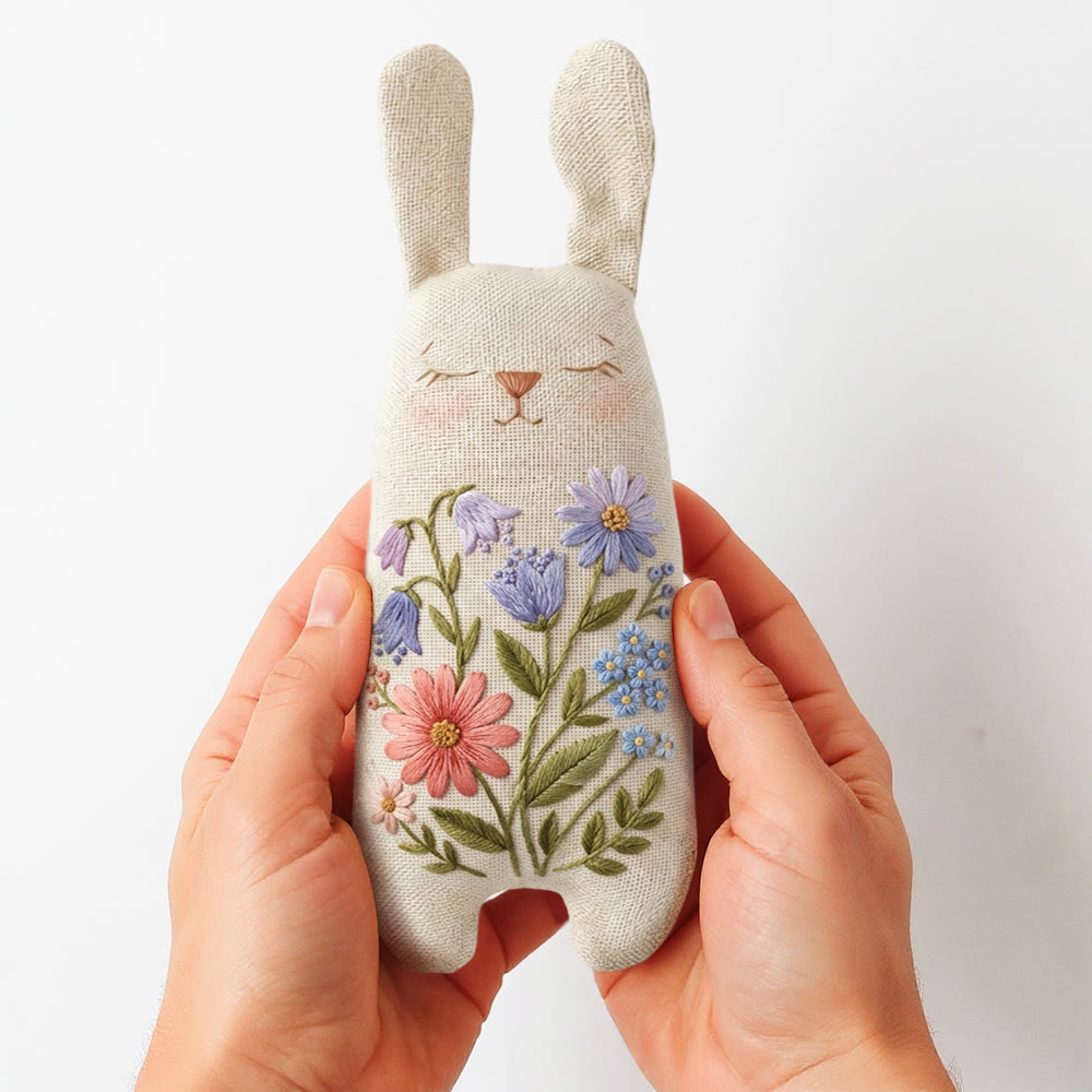 Rubbyoo Bunny Toy Embroidery Kiit - Blue And Purple Blooms | Beginner Sewing Kit | Handmade Stuffed Bunny Toy - 8 inches hoop kit - image 1
