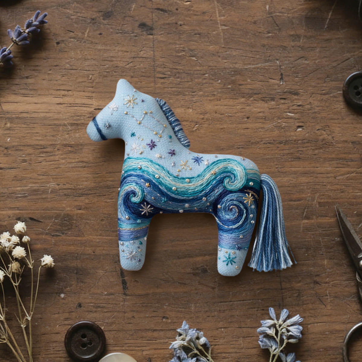Rubbyoo Dala Horse Embroidery Kit - Ocean Wave Swirl | Nautical Craft | Stunning Hanging Accent - 6 inches hoop kit - image 1
