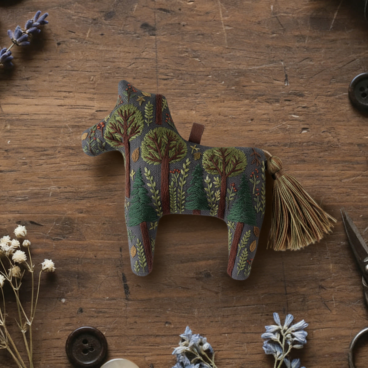 Rubbyoo Dala Horse Embroidery Kit - Green Forest | Handmade Gift | Whimsical Ornament  - 6 inches hoop kit - image 1