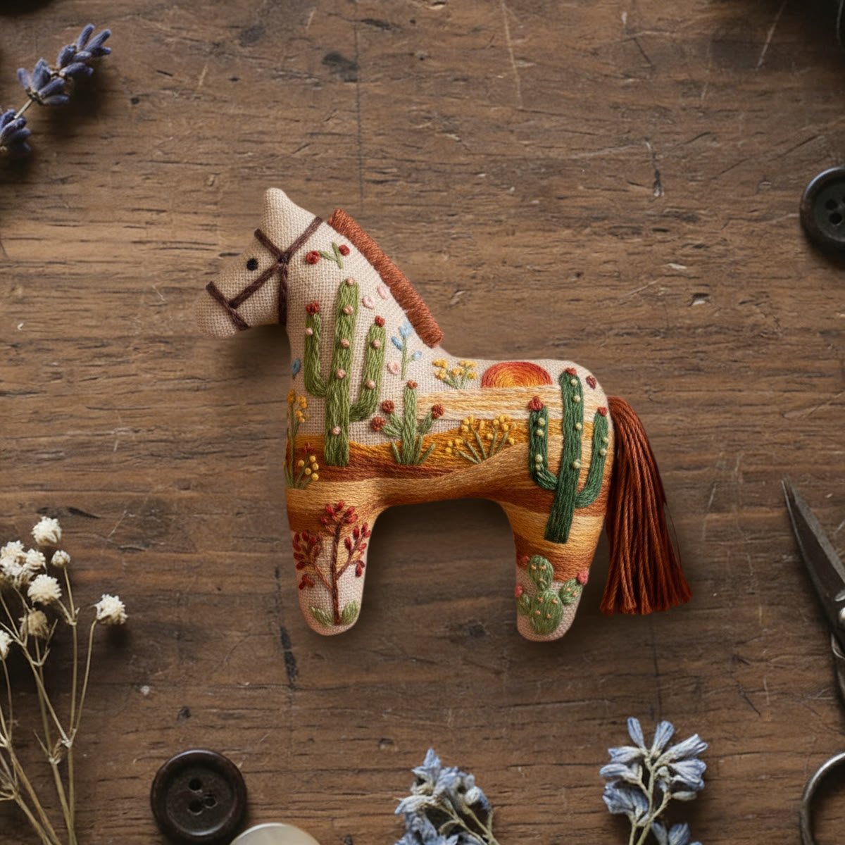 Rubbyoo Dala Horse Embroidery Kit - Desert Cactus Scene | Western-style Craft | Natural Scene Keepsake - 6 inches hoop kit - image 1