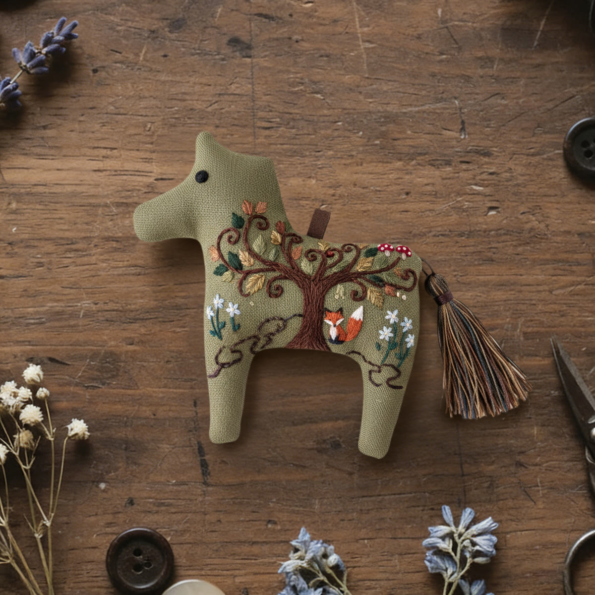 Rubbyoo Dala Horse Embroidery Kit - Tree Of Life Fox | Boho-style Craft | Artistic Home Accent - 6 inches hoop kit - image 1