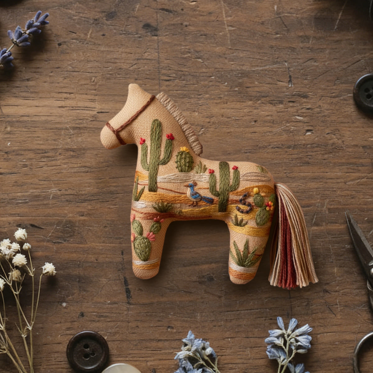 Rubbyoo Dala Horse Embroidery Kit - Desert Cactus Bird | Southwestern Craft | Eye-catching Table Ornament - 6 inches hoop kit - image 1