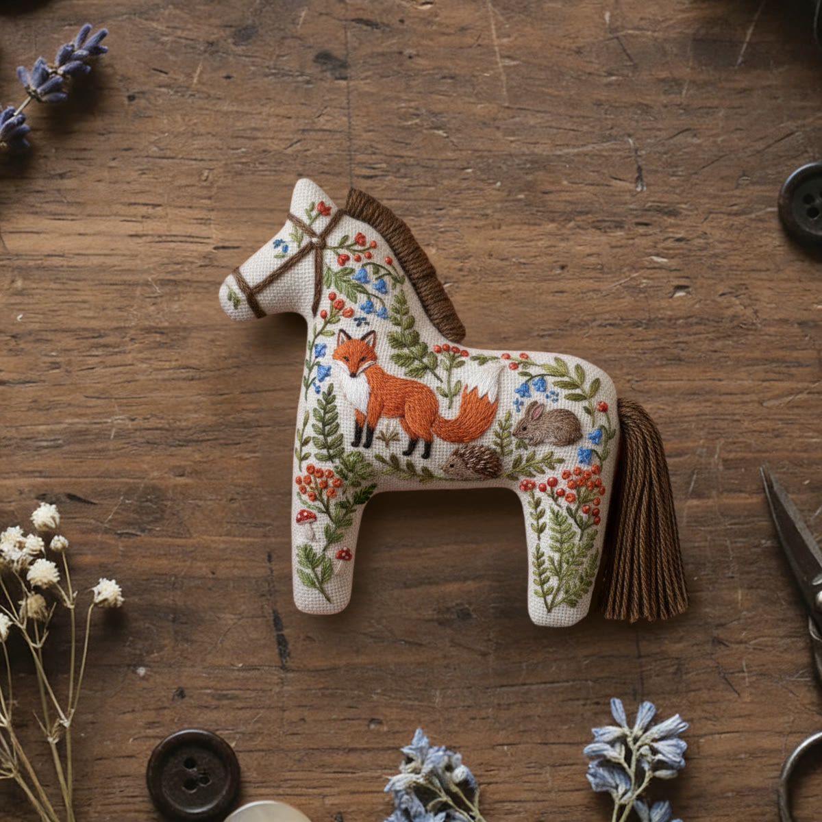 Rubbyoo Dala Horse Embroidery Kit - Fox and Woodland Friends | Beginner-Friendly Craft | Cute Gift Option - 6 inches hoop kit - image 1