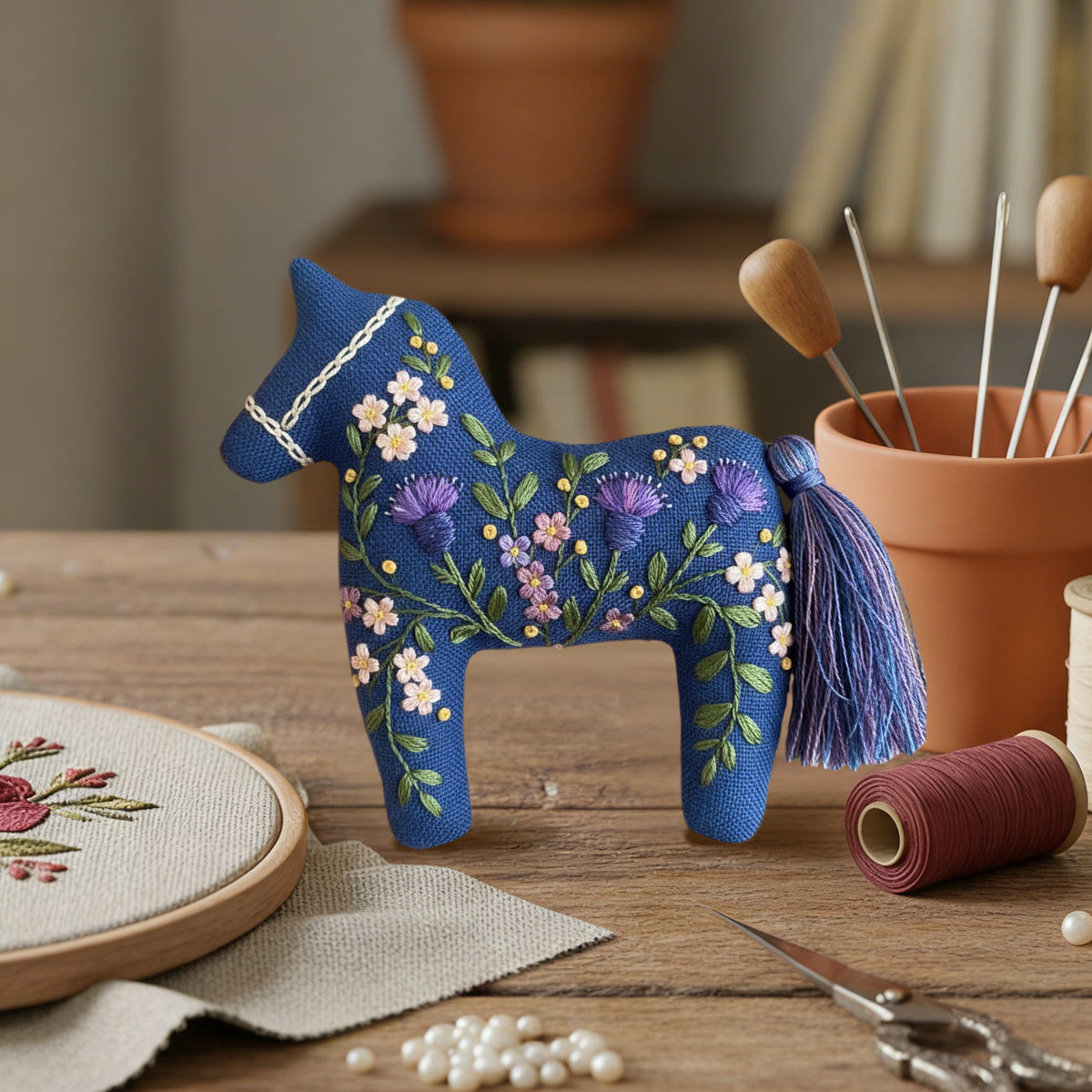 Rubbyoo Dala Horse Embroidery Kit - Blue Thistle And Floral | Easy Diy | Lovely Shelf Ornament - image 4