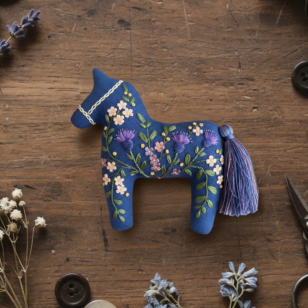 Rubbyoo Dala Horse Embroidery Kit - Blue Thistle And Floral | Easy Diy | Lovely Shelf Ornament - 6 inches hoop kit - image 1