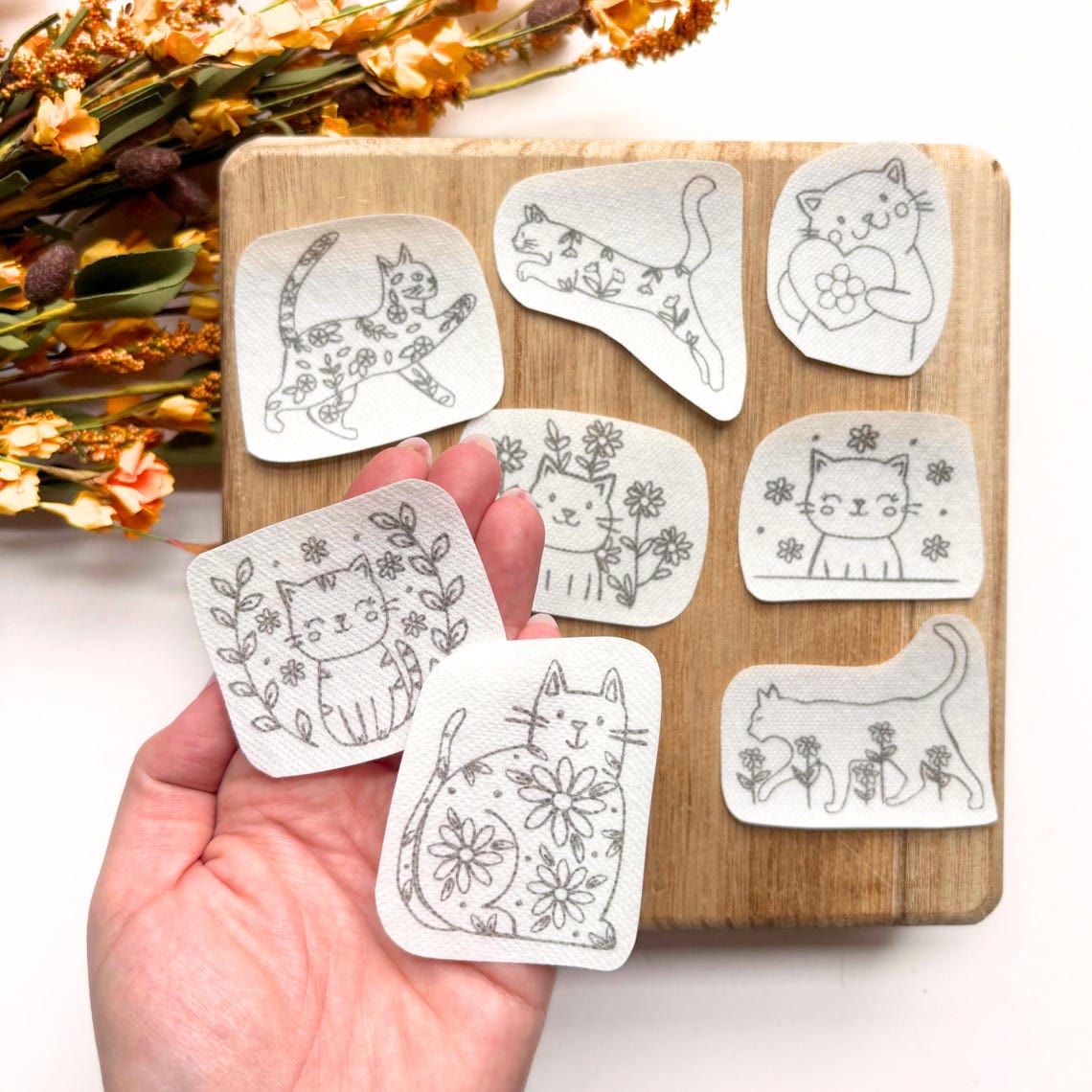 Lovey Cat Stick And Stitch Patterns | Floral Kitten Stick | Washaway Stitch Stabilizer - 8pcs - image 2