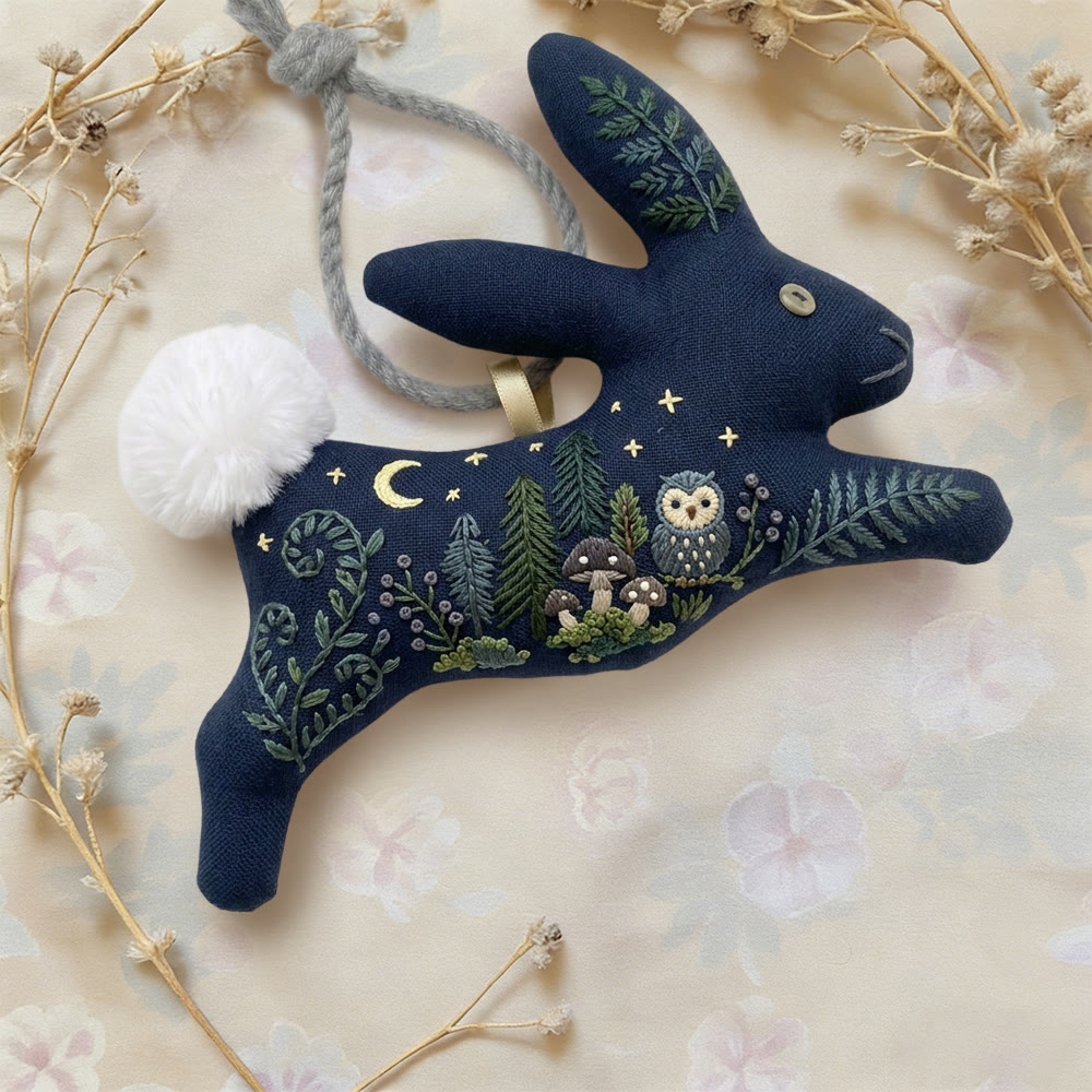 Rubbyoo Rabbit Embroidery Kit - Moon Owl And Pine | Simple Handwork | Unique Hanging Ornament - image 2